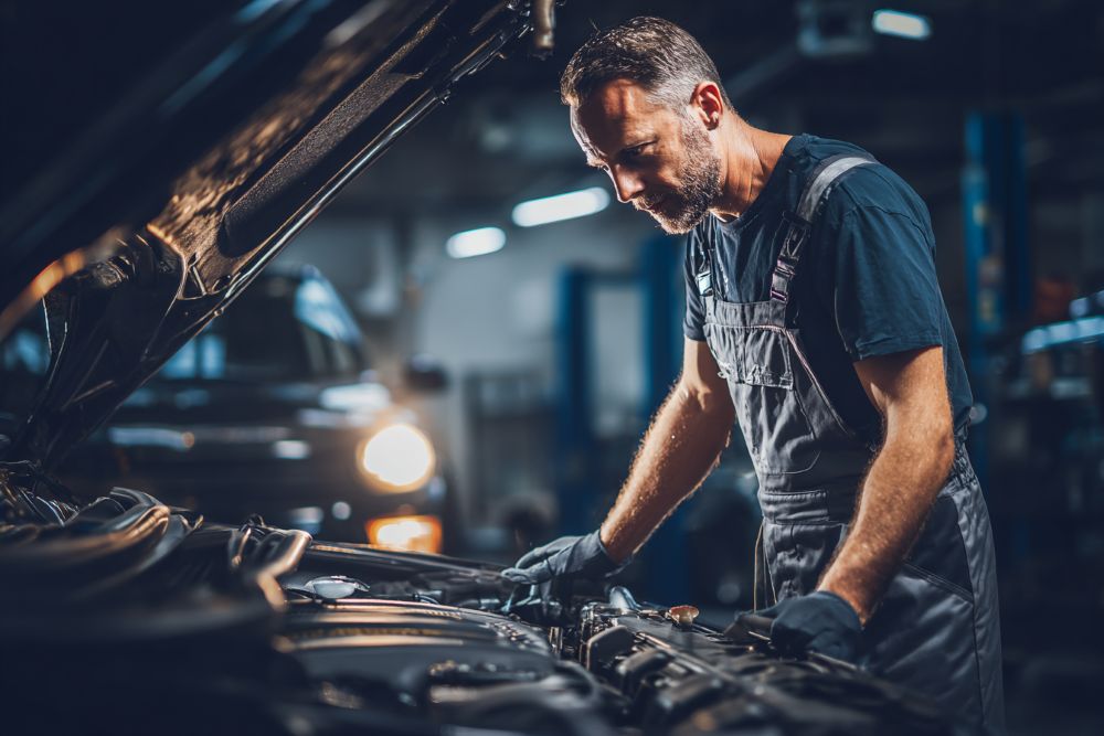 Repair shop bay with a vehicle undergoing scheduled maintenance
